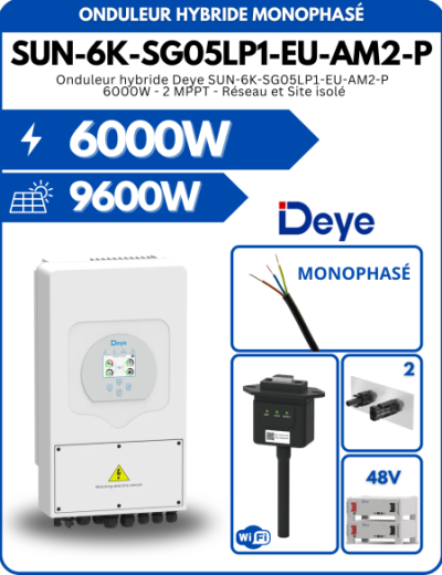 Onduleur hybride Deye SUN-6K-SG05LP1-EU-AM2-P 6000W - 2 MPPT - Réseau et Site isolé