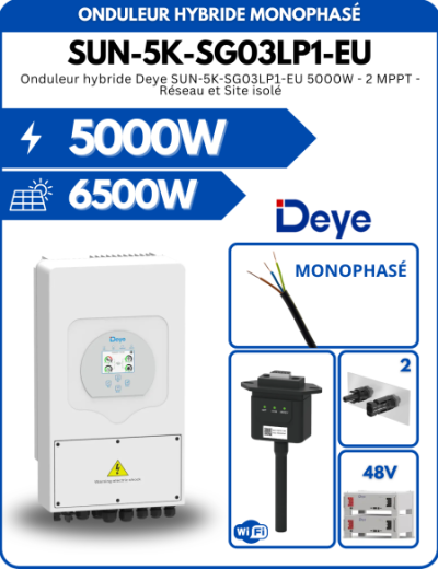 Onduleur hybride Deye SUN-5K-SG03LP1-EU 5000W - 2 MPPT - Réseau et Site isolé ZETA-3770