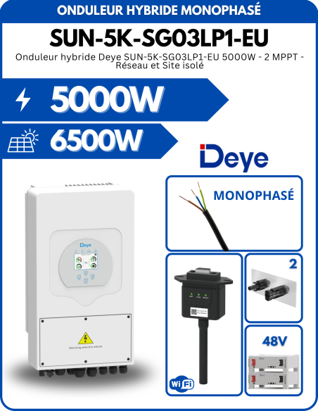 Onduleur hybride Deye SUN-5K-SG03LP1-EU 5000W - 2 MPPT - Réseau et Site isolé ZETA-3770