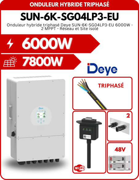 Onduleur hybride triphasé Deye SUN-6K-SG04LP3-EU 6000W - 2 MPPT - Réseau et Site isolé