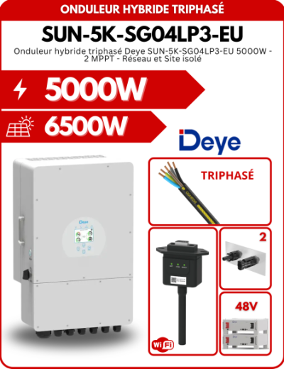 Onduleur hybride triphasé Deye SUN-5K-SG04LP3-EU 5000W - 2 MPPT - Réseau et Site isolé